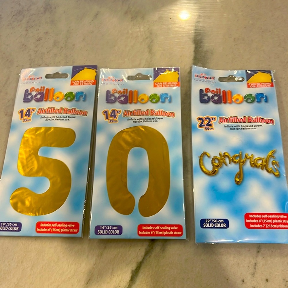 Gold air balloons. 14” 50 (5 & 0) & 22” congratulations. Straw for air filling.